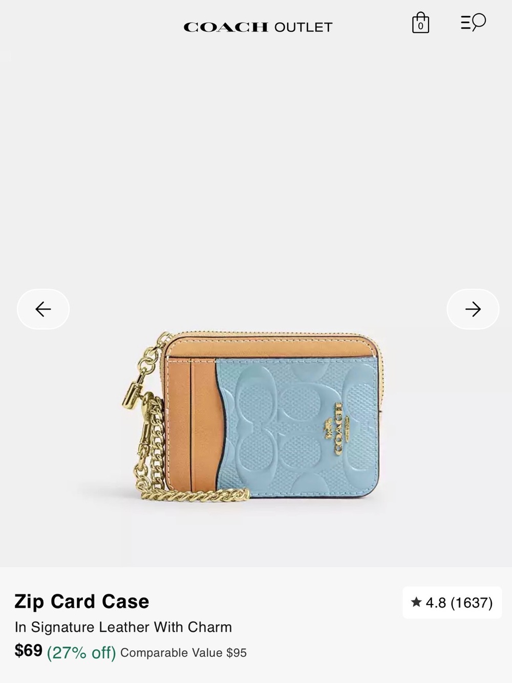 Coach Light Blue & Tan Zip Card Case with Gold Chain